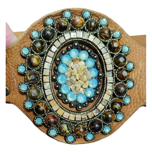 LeatheRock Custom Linked Leather Studded Rhinstone Belt Size M/L USA MSRP $245 - Picture 6 of 16